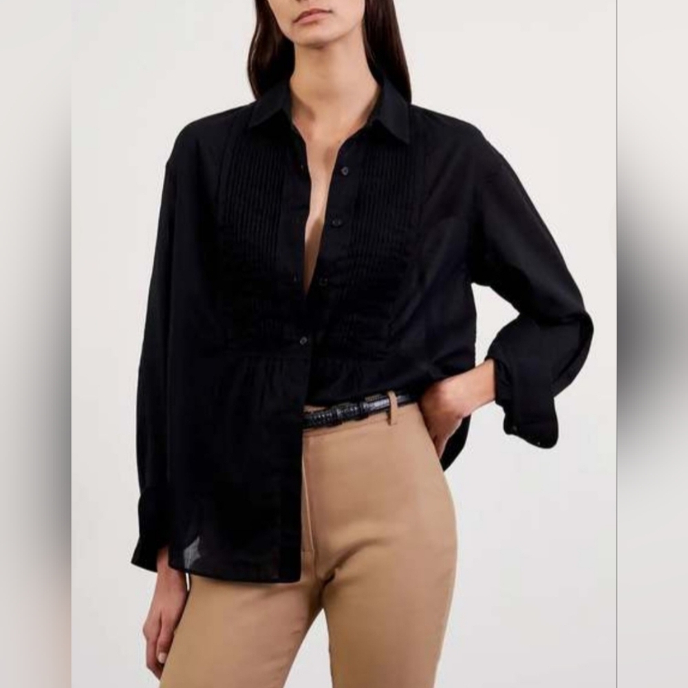 J. Crew Black Chiffon Button Down Shirt Tuxedo Pleated Front 12/Large